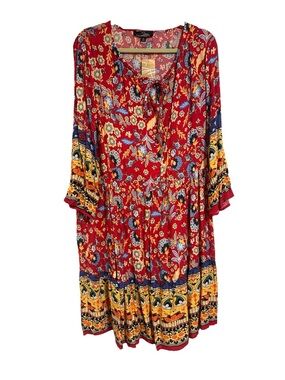 Suzanne Betro Red Boho Floral Midi Dress Drop Waist NWT M Festival Flowy Hippie